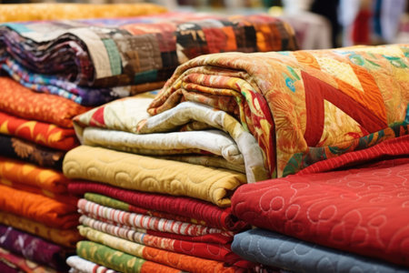 an array of patterned, handmade quilts draped over a rack, created with generative aiの素材