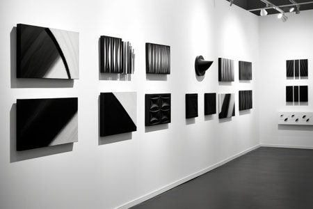 a display of black and white minimalist canvas paintings, created with generative aiの素材