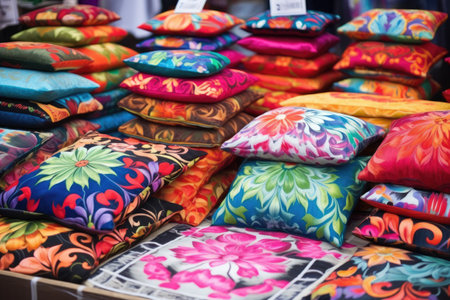 hand-painted throw pillows on a market display, created with generative aiの素材