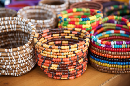 collection of beaded bracelets in a bamboo basket, created with generative aiの素材