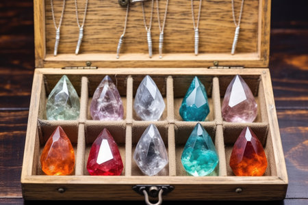 different shapes of crystal pendants in a wooden box, created with generative aiの素材