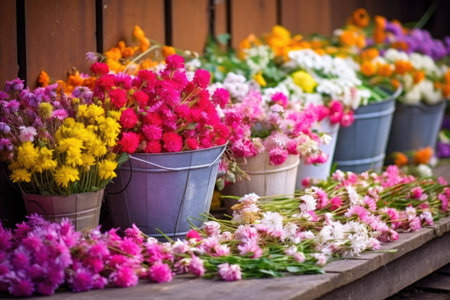 colorful handpicked flowers in a rustic bucket, created with generative aiの素材