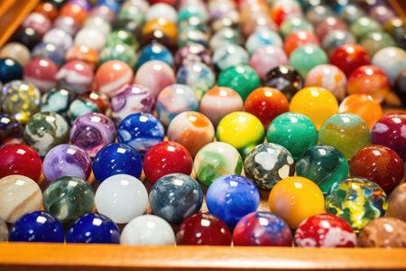 array of colorful marbles displayed on a wooden tray, created with generative aiの素材
