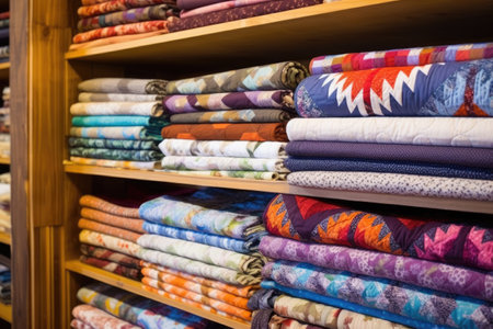 selection of handmade quilts stacked on a wooden shelf, created with generative aiの素材