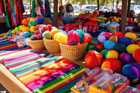 knit and crochet goods for sale, with nearby maracas, created with generative aiの素材