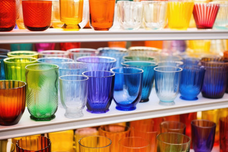 colorful glassware displayed in a white shelf at a market, created with generative aiの素材