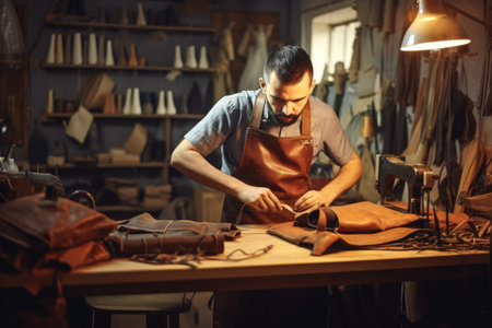 leather artisan sewing a product in workshop, created with generative aiの素材