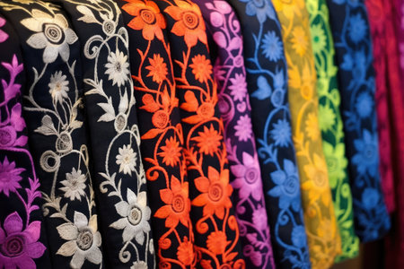 detail of embroidered scarves at a stall, created with generative aiの素材