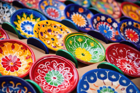 array of brightly painted ceramic plates, created with generative aiの素材