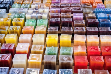 rows of handmade soaps in various shapes and colors, created with generative aiの素材