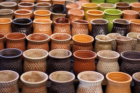 handmade ceramic pots arrayed in rows, created with generative aiの素材