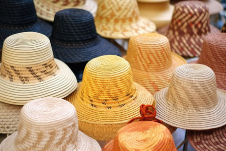 collection of handmade wicker hats, created with generative aiの素材