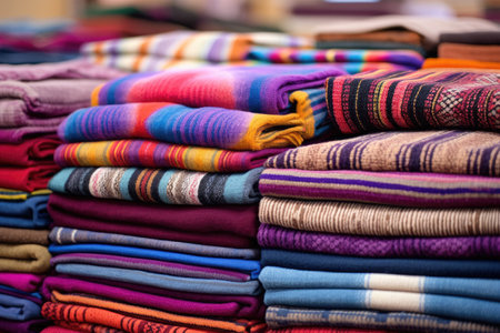 stacks of handmade woven blankets, created with generative aiの素材