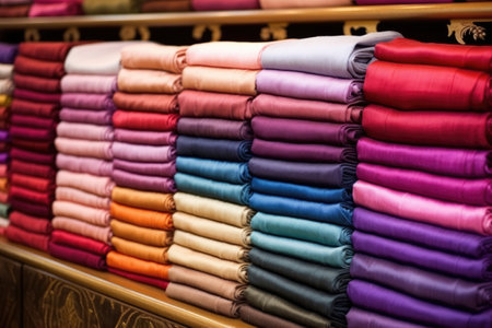 luxurious cashmere pashminas folded artfully in a stall, created with generative aiの素材