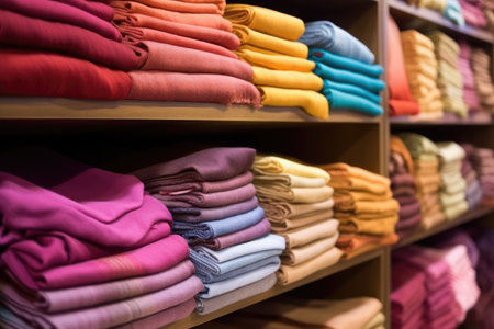 luxurious cashmere pashminas folded artfully in a stall, created with generative aiの素材