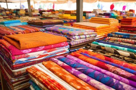sea of vibrant, handmade quilts spread out for sale, created with generative aiの素材