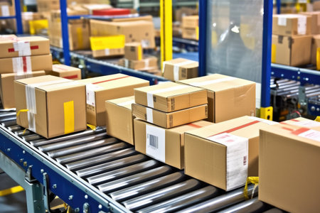barcode labeled boxes on the conveyor, created with generative aiの素材