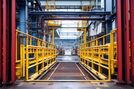 a locked factory gate with an empty conveyor visible through it, created with generative aiの素材