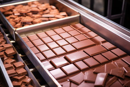 chocolate bars in the packaging process, created with generative aiの素材