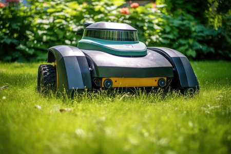 robotic lawnmower grass in a garden, created with generative aiの素材