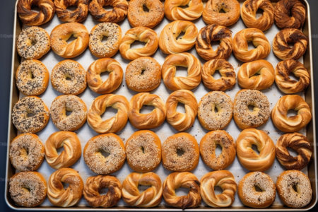 bagel doughs neatly arranged on a tray, created with generative aiの素材