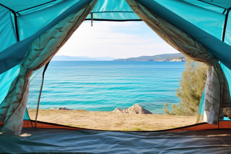 open tent with a view of turquoise sea waters, created with generative aiの素材
