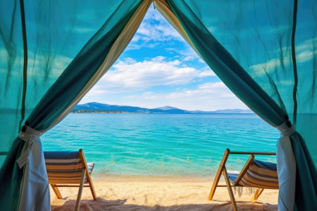 open tent with a view of turquoise sea waters, created with generative aiの素材