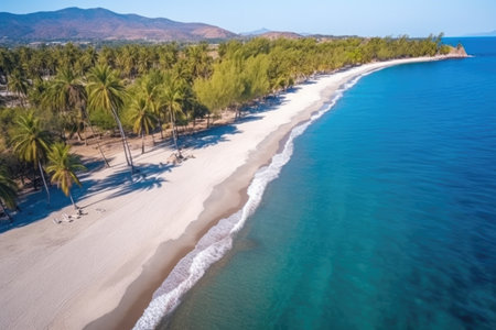 aerial view of a deserted sandy beach with palm trees, created with generative aiの素材