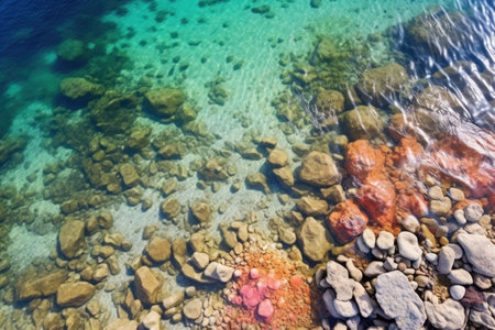 overhead shot of a seashore with salmon pink coral reef, created with generative aiの素材