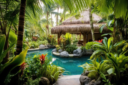 a spa located near the beach with tropical plants around, created with generative aiの素材