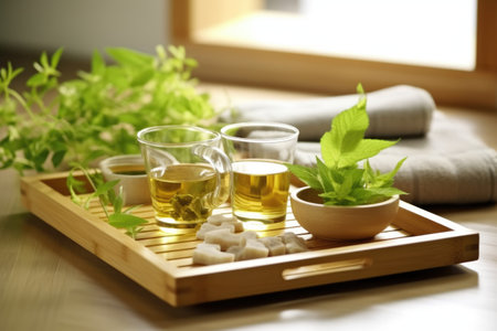 herbal tea set on a bamboo tray in a spa, created with generative aiの素材