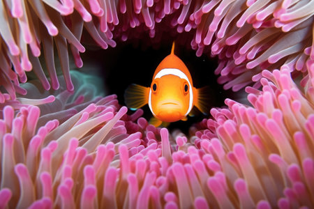 clownfish peeping from a pink sea anemone, created with generative aiの素材
