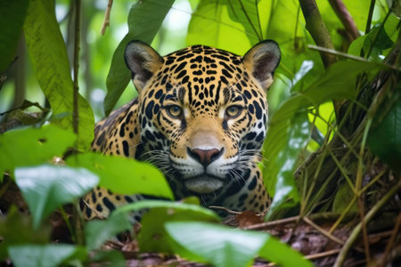 jaguar in a rainforest setting, created with generative aiの素材