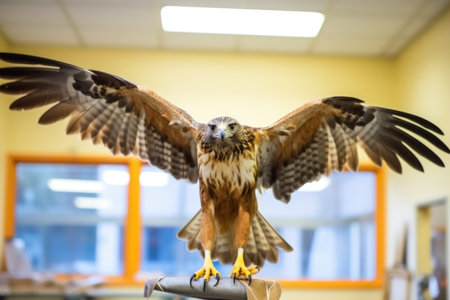 bird of prey landing on a perch in a recovery center, created with generative aiの素材