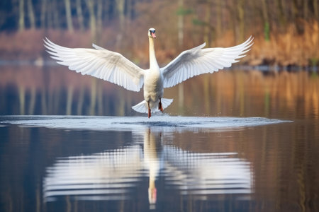 swan gently landing on a calm lake in sanctuary, created with generative aiの素材