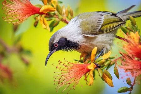 honeyeater bird sipping nectar from a vibrant flower, created with generative aiの素材