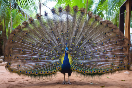 single peacock displaying plumage in sanctuary, created with generative aiの素材