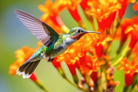 a hummingbird hovering near a bright bloom, created with generative aiの素材