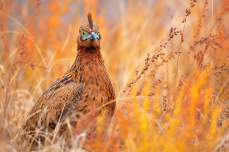 a grouse camouflaged among autumn-colored grass, created with generative aiの素材