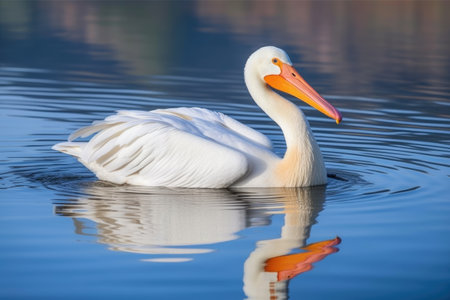 a white pelican floating on clear water, created with generative aiの素材