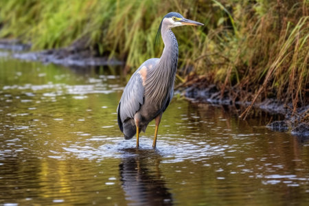 a heron standing motionless in a marsh, created with generative aiの素材