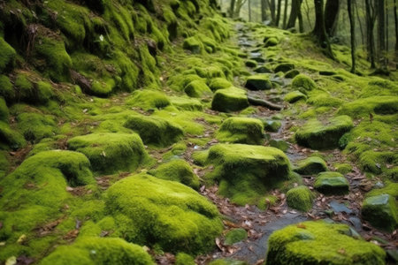 high angle shot of green moss covered stones on the trail, created with generative aiの素材