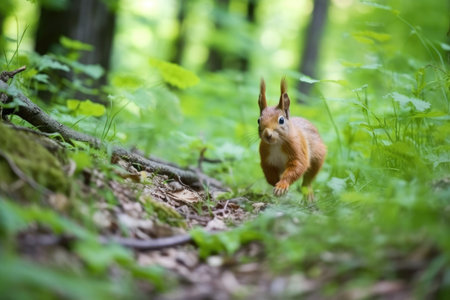 a squirrel scampering across an undergrowth near a trail, created with generative aiの素材
