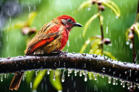raindrops on bird feathers, perched on a branch, created with generative aiの素材