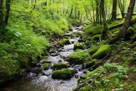 a small stream crossing a lush green trail, created with generative aiの素材