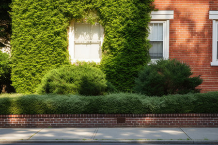 shrubbery camouflaging the lower portion of a brick facade, created with generative ai