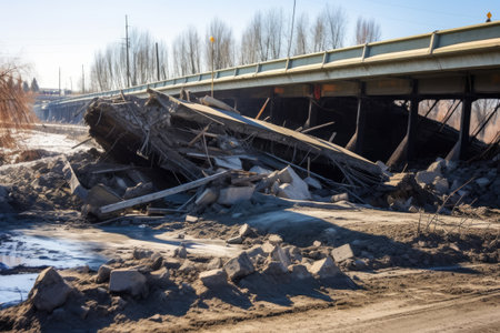 a damaged highway bridge with collapsed middle section, created with generative aiの素材