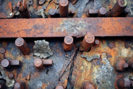 close-up of rusted iron bolts and joints from an old ruined bridge, created with generative aiの素材