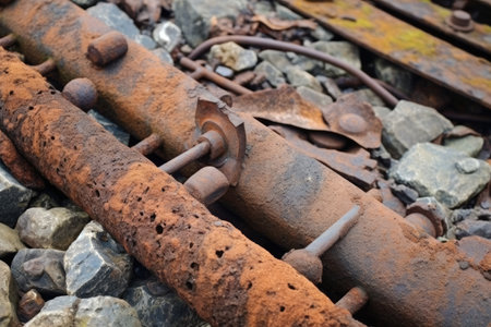 close-up of rusted iron bolts and joints from an old ruined bridge, created with generative aiの素材