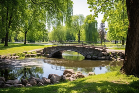 cobblestone bridge over a peaceful pond in a city park, created with generative aiの素材